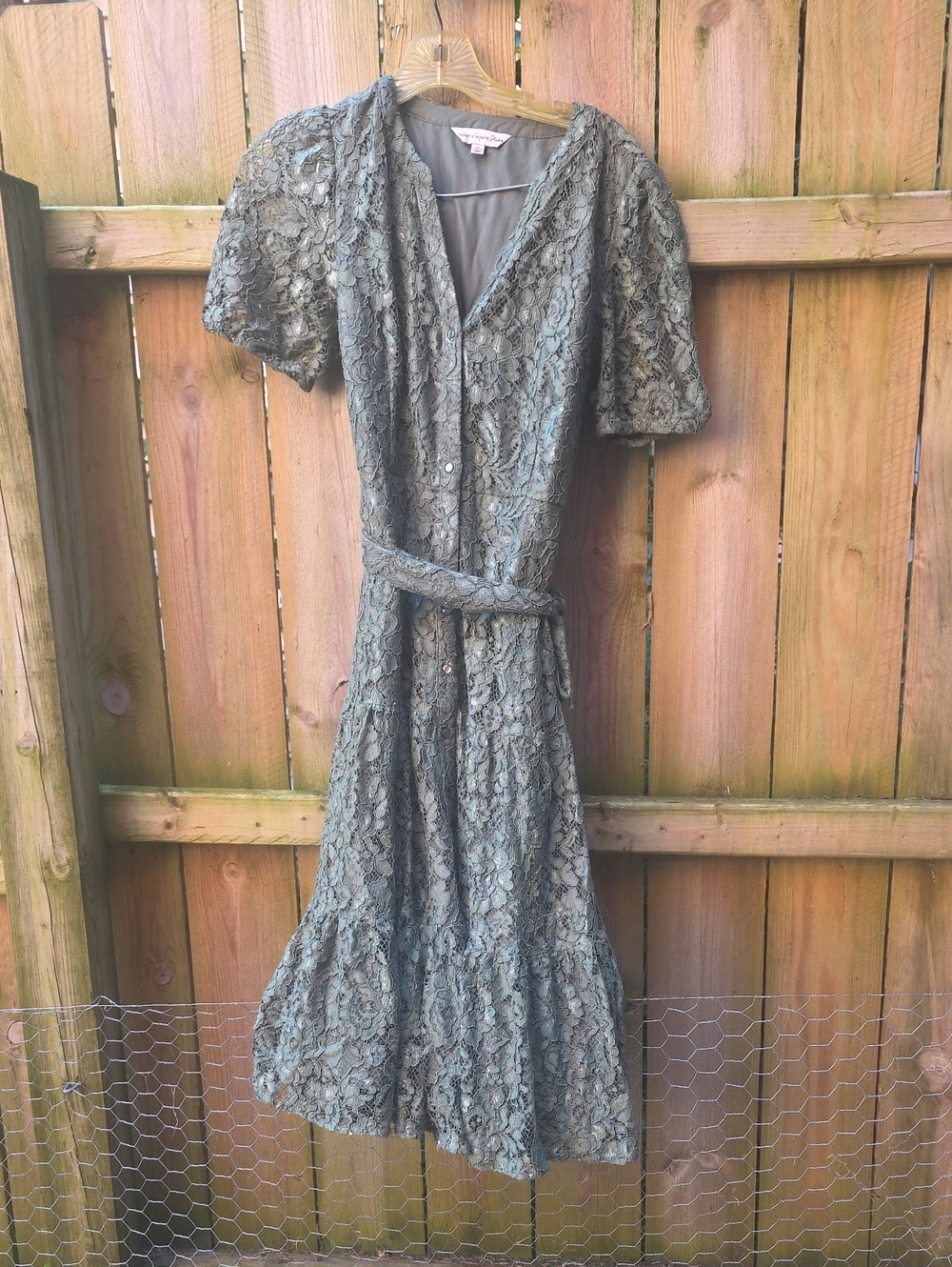 Nanette Lepore Olive Lace Midi Dress with Self-Tie Belt